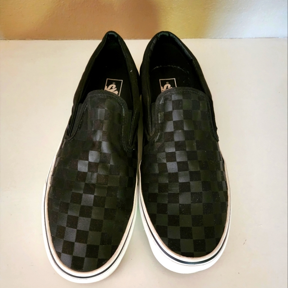 VANS Black and Silver Checkered Slip-On Shoes